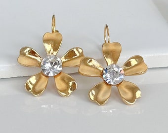 Gold Flower Drop Earrings, Statement Flower Earrings, Clear Crystal and Gold Flower Dangle Earrings, Flower Earrings, Large Flower Earrings