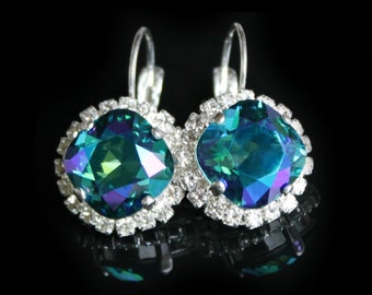 Crystal Halo Drop Earrings, Blue Green Crystal Earrings, Silver Halo Earrings, Gift For Her, Bridesmaid Earrings, Colorful Earrings