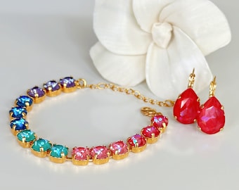 Multicolor Crystal Tennis Bracelet, Crystal Stacking Bracelet, Rainbow Bracelet, Colorful Gold Bracelet
