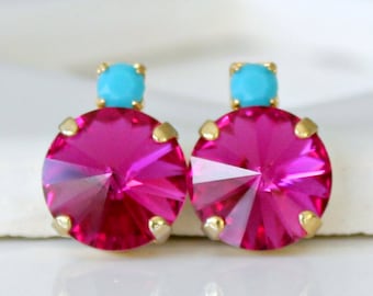 Fuchsia and Turquoise Swarovski Crystals Set in Gold on Gold Post Earrings