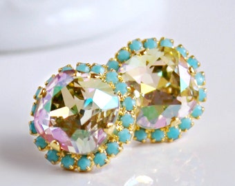 Luminous Green Swarovski Crystals Framed with Turquoise Halo Crystals on Silver Post Earrings, Halo Stud Earrings