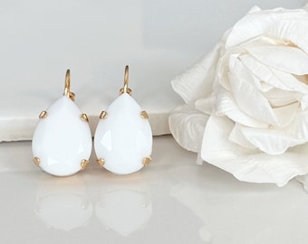 Vintage Chalk White Crystal Teardrops on Gold Lever Back Earrings, White & Gold Crystal Drop Earrings, Gold Bridal Jewelry