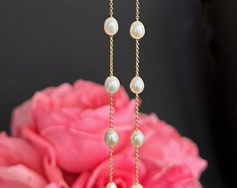 Pearl Drop Earrings, Gold Floating Pearl Earrings, Freshwater Pearl Dangle Earrings, Pearl earrings, Pearl Duster Earrings, Gift for Her