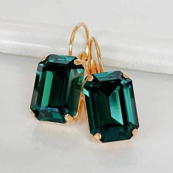 Emerald Green Crystal Earrings, Green Crystal Octagon Drop Earrings, Emerald Crystal Gold Dangle Earrings, May Birthstone, Gift for Her