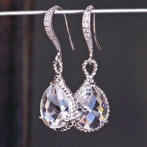 Crystal Drop Earrings, Crystal Jeweled Teardrop Earrings in Silver image 2