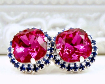 Vibrant Fuchsia Swarovskis Framed with Sapphire Blue Halo Crystals on Sterling Silver-Plated Post Earrings, Halo Stud Earrings