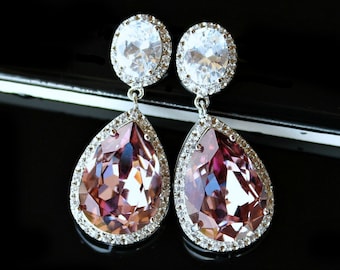 Antique Pink Teardrop Crystals Surrounded with Pave CZs on Silver Cubic Zirconia Post Earrings