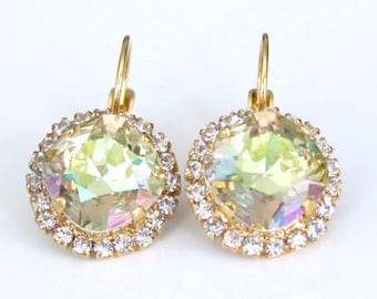 Sparkly Yellow Green Swarovski Crystal Drop Earrings, Gold Halo Earrings, Crystal Drop Earrings, Yellow Crystal Drop Earrings