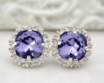 Tanzanite Square Cushion Swarovski Crystals Framed with Clear Halo Crystals on Silver Stud Earrings