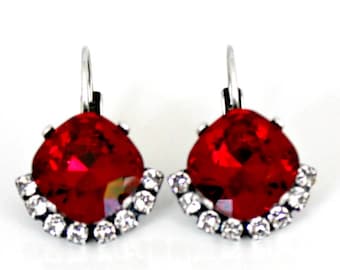 Red Swarovski Crystals Partially Framed with Clear Halo Crystals on Antique Silver Leverback Earrings