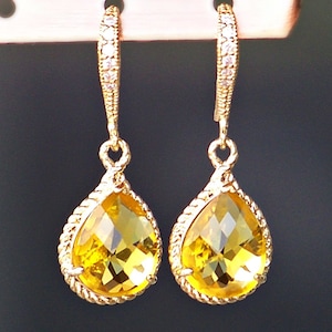 Golden Yellow Crystal Teardrops on Crystal Detailed Gold French Earrings, Topaz Yellow