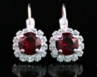 Ruby Red Swarovski Crystals Framed with Clear Halo Crystals on Silver Lever Back Earrings, Crystal Halo Dangles