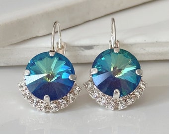 Crystal Blue Shine Swarovski Crystals with a Half Halo of Crystals on Silver Lever Back Earrings