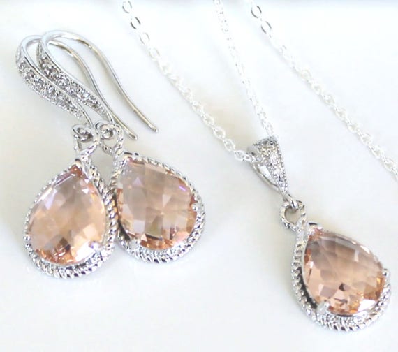 Blush Crystal Drop Earring & Necklace Set, Crystal Teardrops Earrings with Matching Sterling Silver-Filled Necklace, Crystal Bridal Jewelry