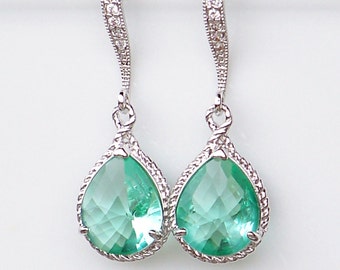 New Color/ Sea Glass Crystal Teardrops Framed in Silver, Hanging From French Jeweled Earrings