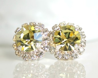 Lemon Yellow Swarovski Crystals Framed with Halo Crystals on Silver Post Earrings, Halo Stud Earrings