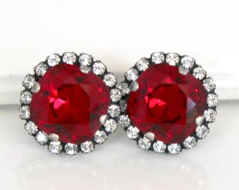 Siam Red Swarovski Crystals Framed with Clear Halo Crystals on Antique Silver Post Earrings, Halo Stud Earrings