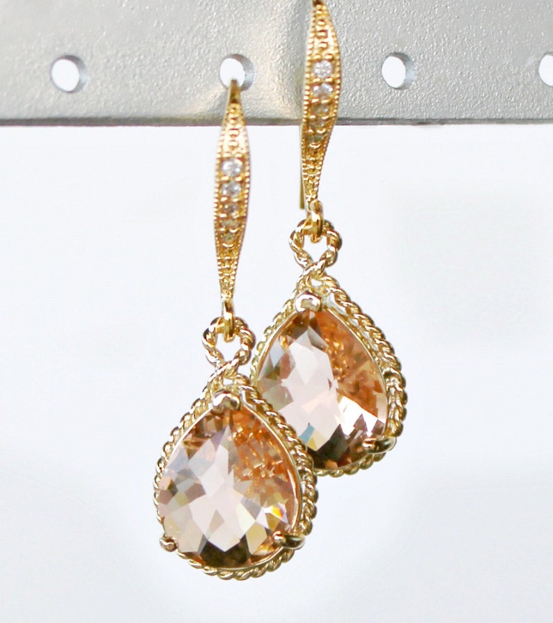 Beautiful Blush Crystal Teardrops Framed in Gold or Silver, Hanging From French Jeweled Earrings image 2