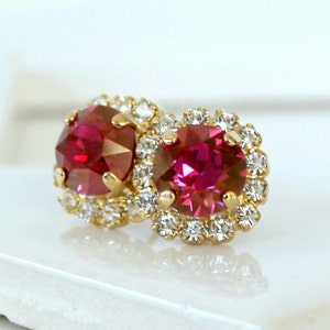 Gold and Fuchsia Swarovski Crystals Framed with White Opal Halo Crystals on Gold Stud Earrings image 3