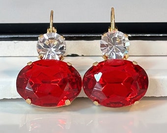 Siam-rote Kristall-Ohrringe, klare Kristall- und Rotgold-Ohrringe, rote und goldene Kristall-Ohrringe, goldene Tropfen-Ohrringe