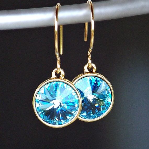Boucles D'oreilles Pendantes Cristal Bleu Aigue-marine - Plaqué Or 18 Carats, Style Baguette, Neuves