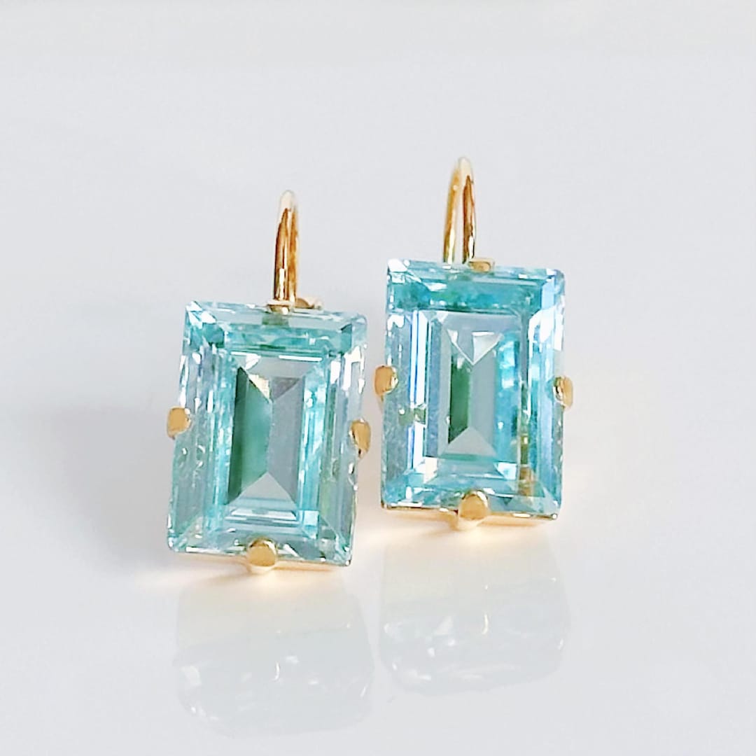Aquamarine Blue Swarovski Crystal Drop Earrings, Gold Rectangular Light Blue Crystal Earrings, Gold Crystal Dangle Earrings - Etsy Canada