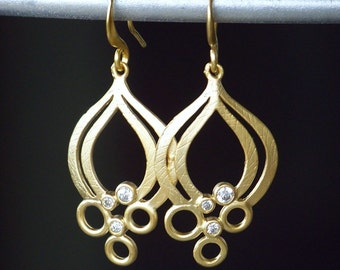 Unique Matte Gold and Cubic Zirconia Dangle Earrings
