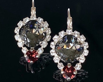 Swarovski Silver Night and Burgundy Crystal Earrings With Clear Halo Crystals on Silver Lever Back Earrings