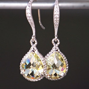 Light Yellow Crystal Teardrops with CZ Detailed Silver Ear Wires