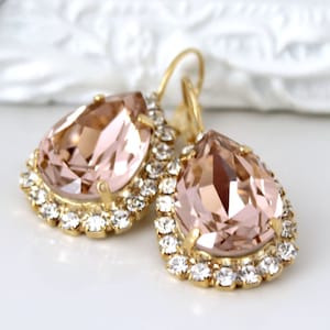 Blush Teardrops Framed with Halo Crystals on Gold Lever Back Earrings