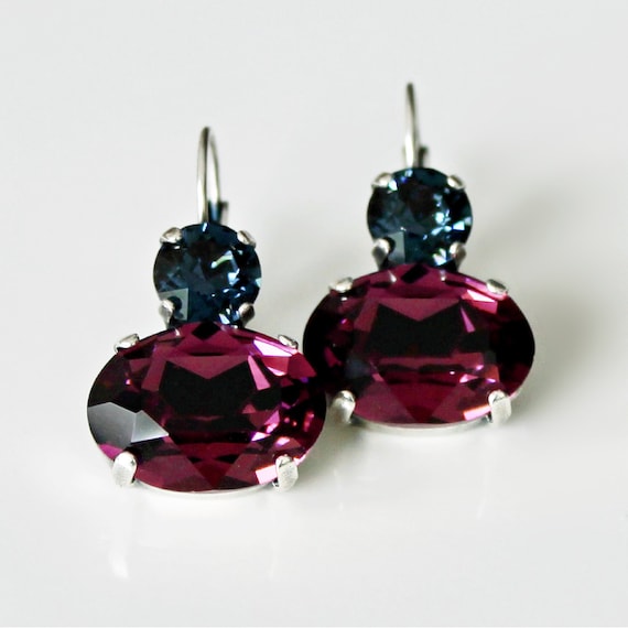 Boucles D'Oreilles Dormeuses Dorées - Serti CZ Bleu Et Améthyste Violet, Laiton (Neuf Sans Boîte)