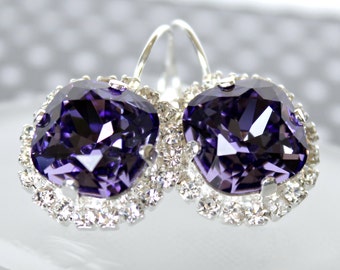 Vibrant Tanzanite Swarovski Crystals Framed with Pave' Crystals on Silver Leverback Earrings