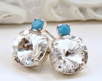 Puces d'oreilles en cristal transparent avec accents turquoise, Puces d'oreilles en cristal argenté, Boucles d'oreilles en cristal de Rivoli, Cadeau pour elle