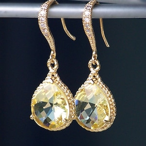 Lemon Yellow Crystal Drop Earrings, Crystal Drop Earrings, Crystal Teardrop Earrings in Gold, Gold Bridal Jewelry