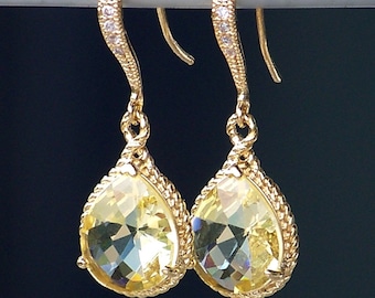 Lemon Yellow Crystal Drop Earrings, Crystal Drop Earrings, Crystal Teardrop Earrings in Gold, Gold Bridal Jewelry