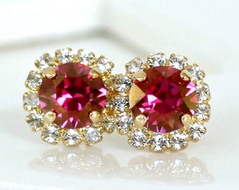 Gold and Fuchsia Swarovski Crystals Framed with White Opal Halo Crystals on Gold Stud Earrings