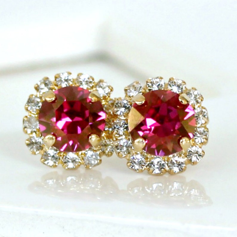 Gold and Fuchsia Swarovski Crystals Framed with White Opal Halo Crystals on Gold Stud Earrings image 1