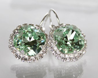 Light Green Square Crystals Surrounded with Pave or Halo Crystals on Lever Back Earrings in Silver