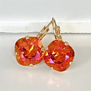 Astral Pink Crystal and Gold Drop Earrings, Bright Pink-Orange Crystal Dangle Earrings, Gold Crystal Drop Earrings, Gift for Her