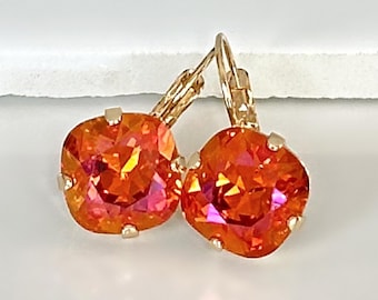Astral Pink Crystal and Gold Drop Earrings, Bright Pink-Orange Crystal Dangle Earrings, Gold Crystal Drop Earrings, Gift for Her