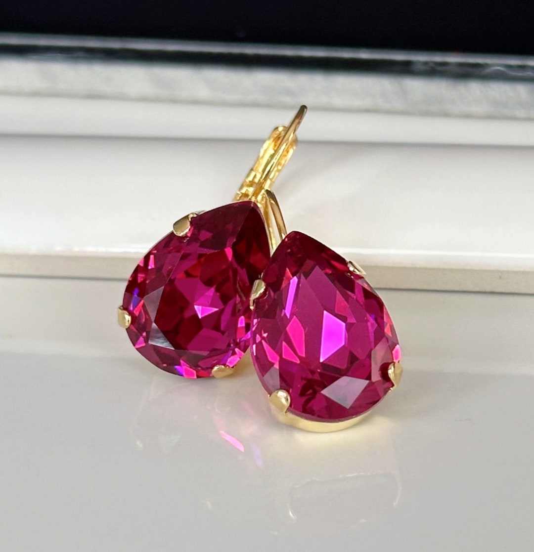 Pink Crystal Drop Earrings For Women – Rhinestone Teardrop Bridal Earrings, Gold Tone, Wedding, Prom, Party Jewelry