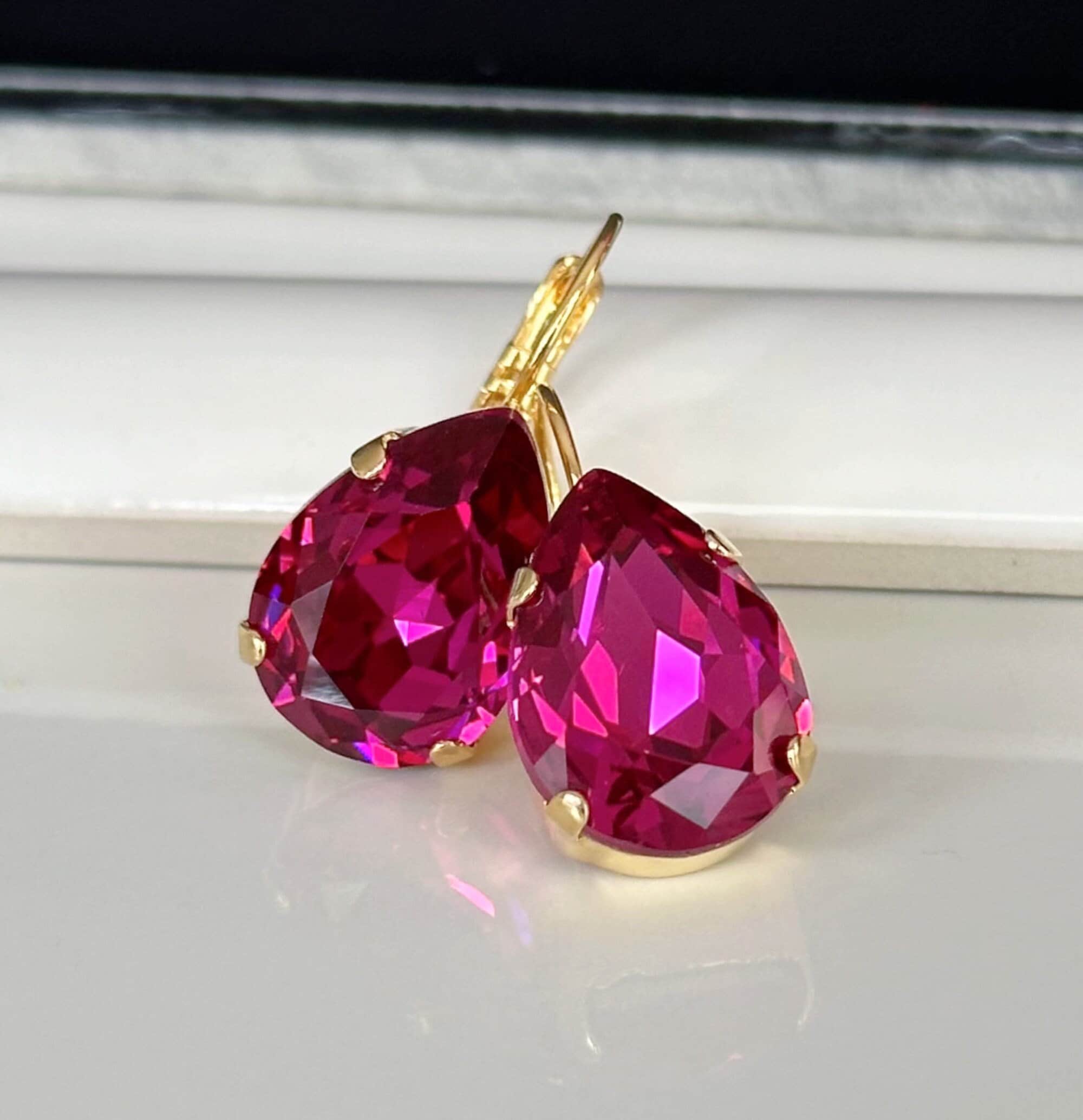 Fuchsia Hot Pink Jade In Drop Down Gold Plated Earrings