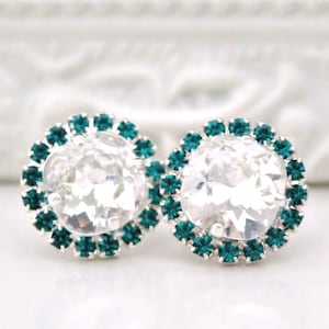 Clear Square Crystal Halo Earrings, Blue Green Halo Crystal Stud Earrings, Silver Halo Studs, Crystal with Teal Halo Stud Earrings