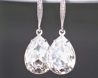 Swarovski Crystal Teardrops Set in Silver or Gold with Crystal Detailed French Earrings