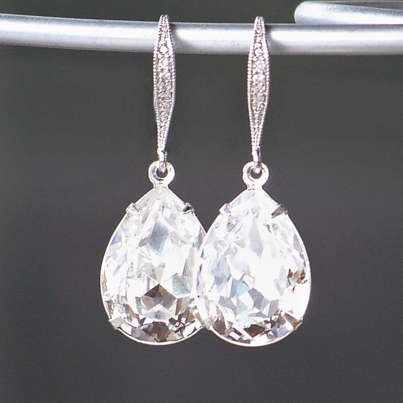 Swarovski Crystal Teardrops Set in Silver or Gold with Crystal Detailed French Earrings image 1
