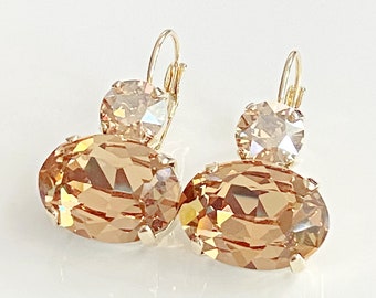 Swarovski Light Colorado Topaz Ovals with Golden Shadow Crystals on Top, Dangle Lever Back Earrings in Gold