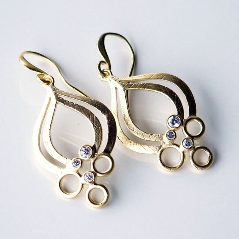 Unique Matte Gold and Cubic Zirconia Dangle Earrings | Etsy