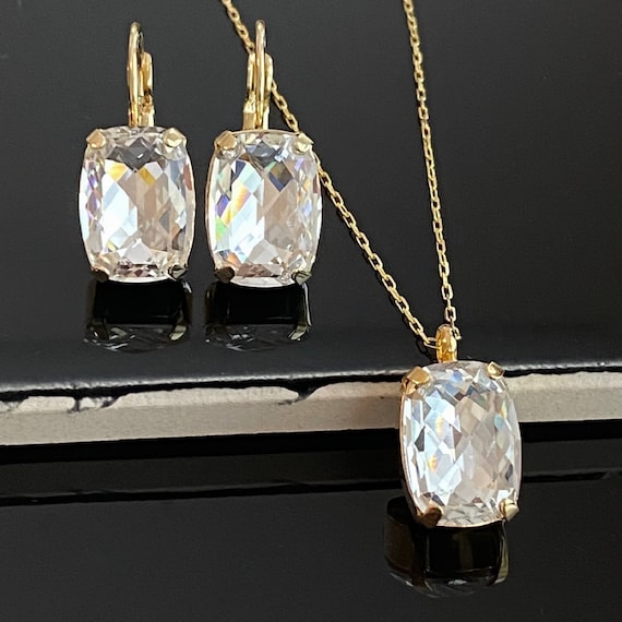 Swarovski Crystal Gold Jewelry Set: Bridal Necklace and Earrings