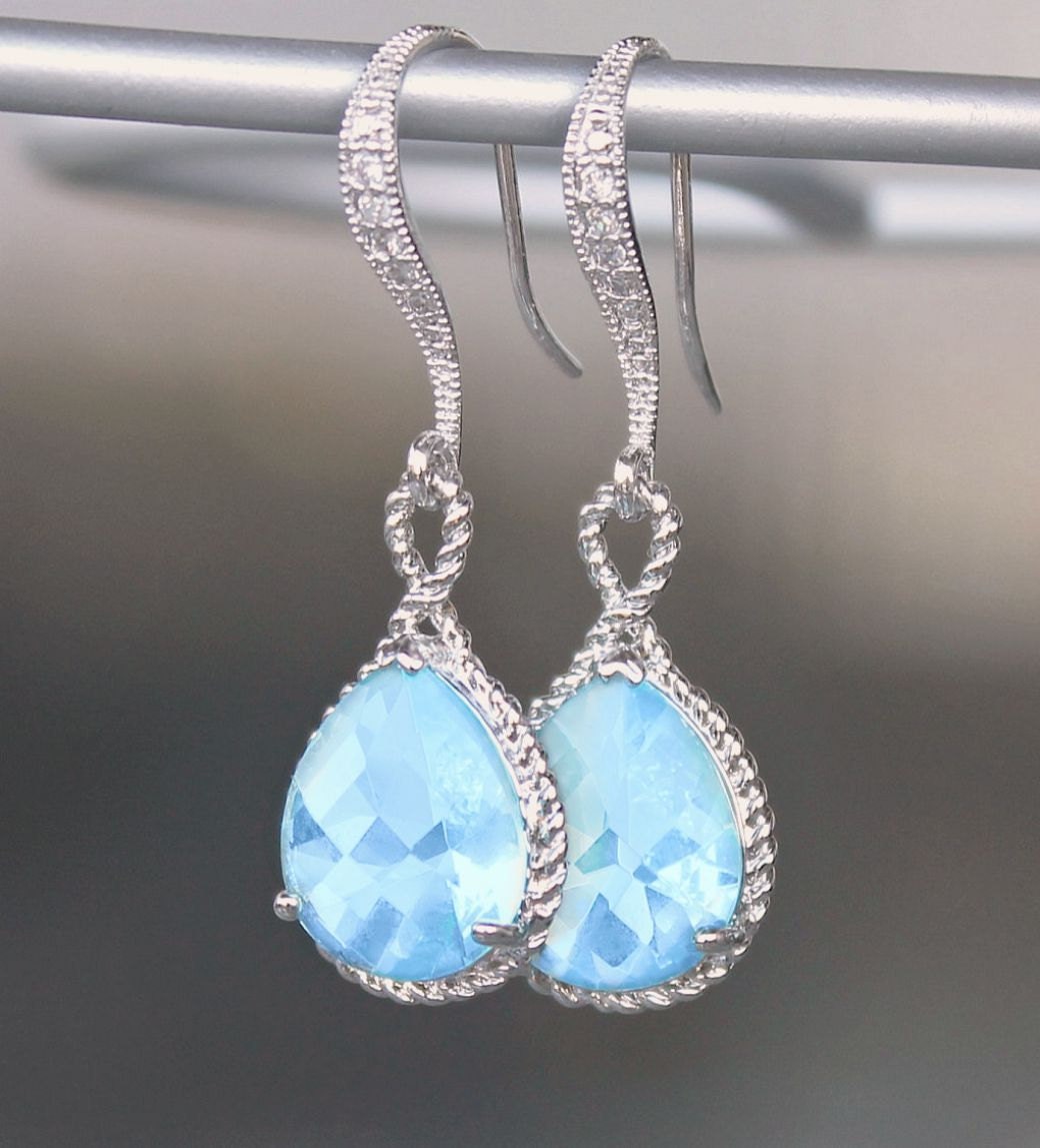 Aquamarine Blue Crystal Teardrop Earrings With Silver French - Etsy