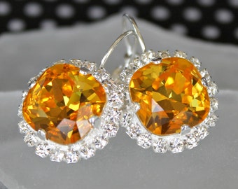 Sunny Yellow Swarovski Crystal Dangle Earrings in Silver
